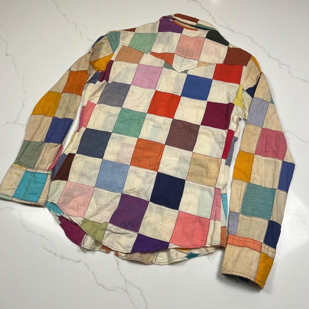 indian madres Patchwork Shirt Multi Color Cotton Vintage 60s 70s Distressed - Picture 3 of 8